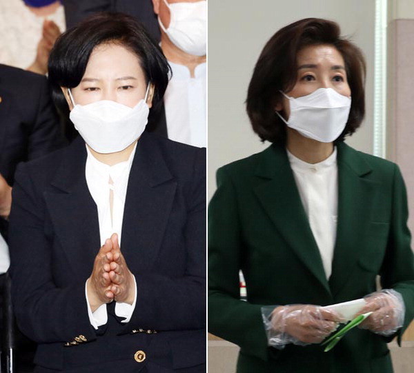 더불어민주당 이수진(동작을) 후보가 15일 선거사무소에서 개표 방송을 지켜보고 있다. 오른쪽은 이날 미래통합당 나경원(동작을) 후보가 투표하는 모습. 사진 연합뉴스