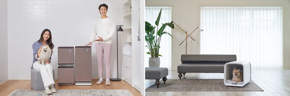 삼성전자의 펫케어 전용 공기청정기(좌), 쿠쿠전자가 론칭한 넬로의 '펫 에어샤워 앤 드라이룸'(우)