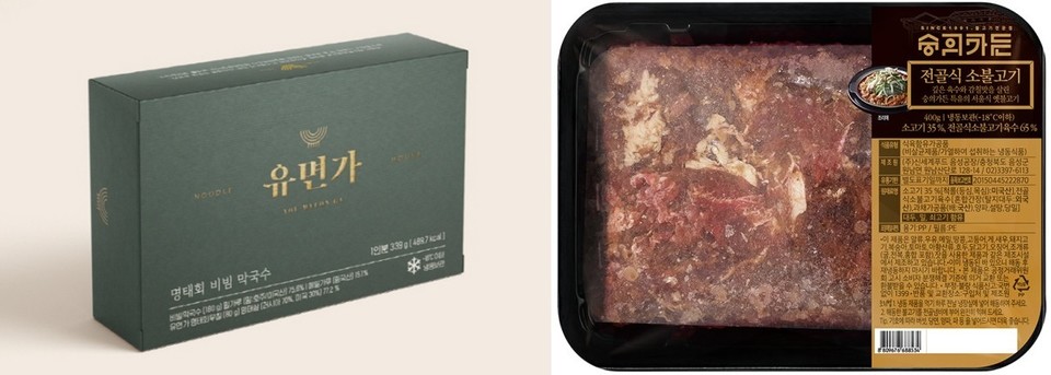 셰프스테이블의 유면가 명태회 비빔 막국수(좌), 신세계푸드의 숭의가든 전골식 소불고기(우)