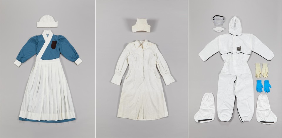 1903년 보구여관의 간호복(재현, 국립여성사전시관 소장), 1950년대 간호복(서울대학교 간호학박물관 소장), 레벨D 방호복(서울의료원 소장)