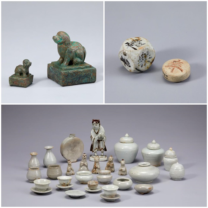 '내교인' 왕비 도장, 백자 주사위와 장기 알, 백자 명기(왼쪽부터 시계방향). / 한성백제박물관 제공