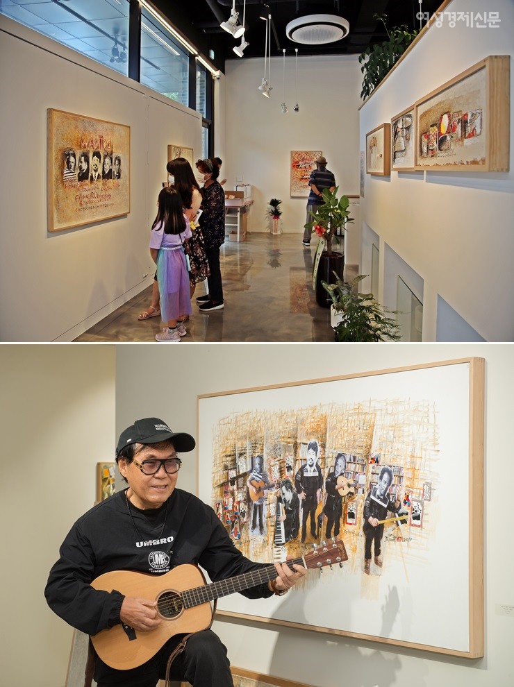 충남 아산갤러리에서 조영남의 작품을 감상하고 있는 관람객들(위), 호리아트스페이스에서 진행된 출판 기념회에서 조영남이 이상의 시에 직접 음을 붙인 '이런 時'를 노래하고 있다(아래). / 김수진 기자, 호리아트스페이스 제공