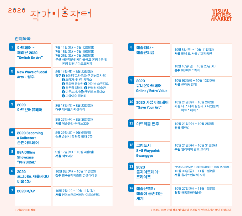 전국에서 진행되는 '2020 작가미술장터' 행사 목록 