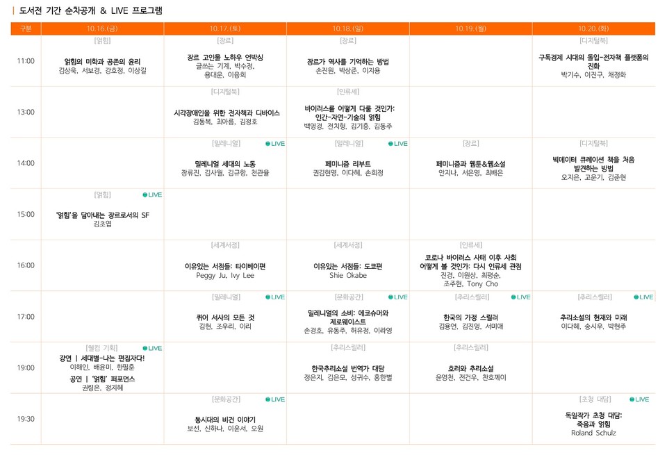 '2020 서울국제도서전' 기간 진행되는 책캐스트 프로그램 편성표(10월 16~20일). 라이브로 진행되는 프로그램은 사전 예약을 통해 직접 현장에서 참관할 수 있다.