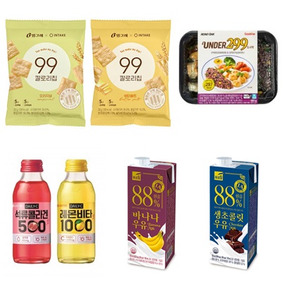 제품력을 구체화한 숫자를 이름에 넣어 제품의 특장점을 간단명료하게 전달한 '숫자 마케팅'이 인기다. 빙그레 '99칼로리칩', 굽네몰 '로드닭 언더 299 도시락', 푸르밀 88바나나우유’와 ’88생초콜릿우유’, 롯데칠성음료 ‘데일리C 석류콜라겐500’과 '데일리C 레몬비타1000'(왼쪽부터 시계 방향).