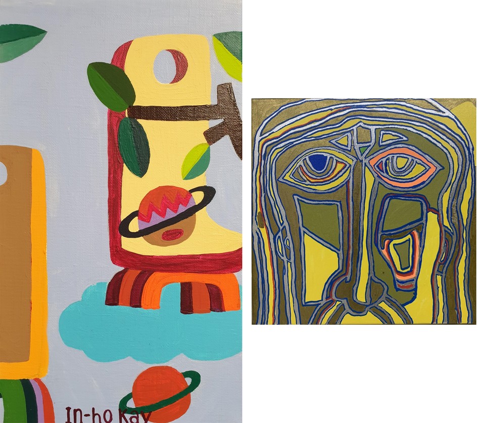 우리나라와 타이완 자폐성 장애 작가들의 교류 전시인 '세상의 다리'. 계인호 작가의 '의자'(왼쪽)와 리랜드 리 작가의 '예수와 나'(오른쪽) 작품 등 30여 점을 만날 수 있다.