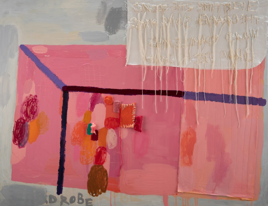 회화와 바느질을 병행하거나 천과 실로만 이루어진 섬유 작업을 보여주는 ​전재은 작가의 '사전인 장소들' 전시.  A Wardrobe With A Diary 2020, Mixed Media, 117x91cm.