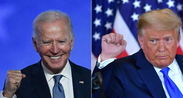 279명의 선거인단을 확보해 제46대 미국 대통령 선거에서 승자가 된 조 바이든 당선인(왼쪽)이 정권 인수 작업에 박차를 가할 전망이다. 선거유세 당시의 조 바이든 당선인(왼쪽)과 도널드 트럼프 대통령. /연합뉴스