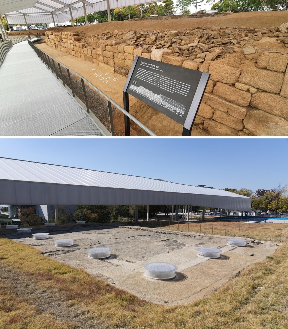 전시관 중앙에 자리잡은 약 189m의 조선시대 한양도성 성벽(위), 일제가 식민통치수단으로 건립한 조선신궁의 배전 터(아래) / 서울시