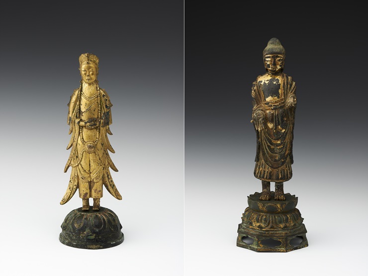 국립중앙박물관은 간송미술문화재단이 경매에 내놓은 금동보살입상(보물285호), 금동여래입상(보물284호)을 지난 8월 매입했다(왼쪽부터). / 국립중앙박물관
