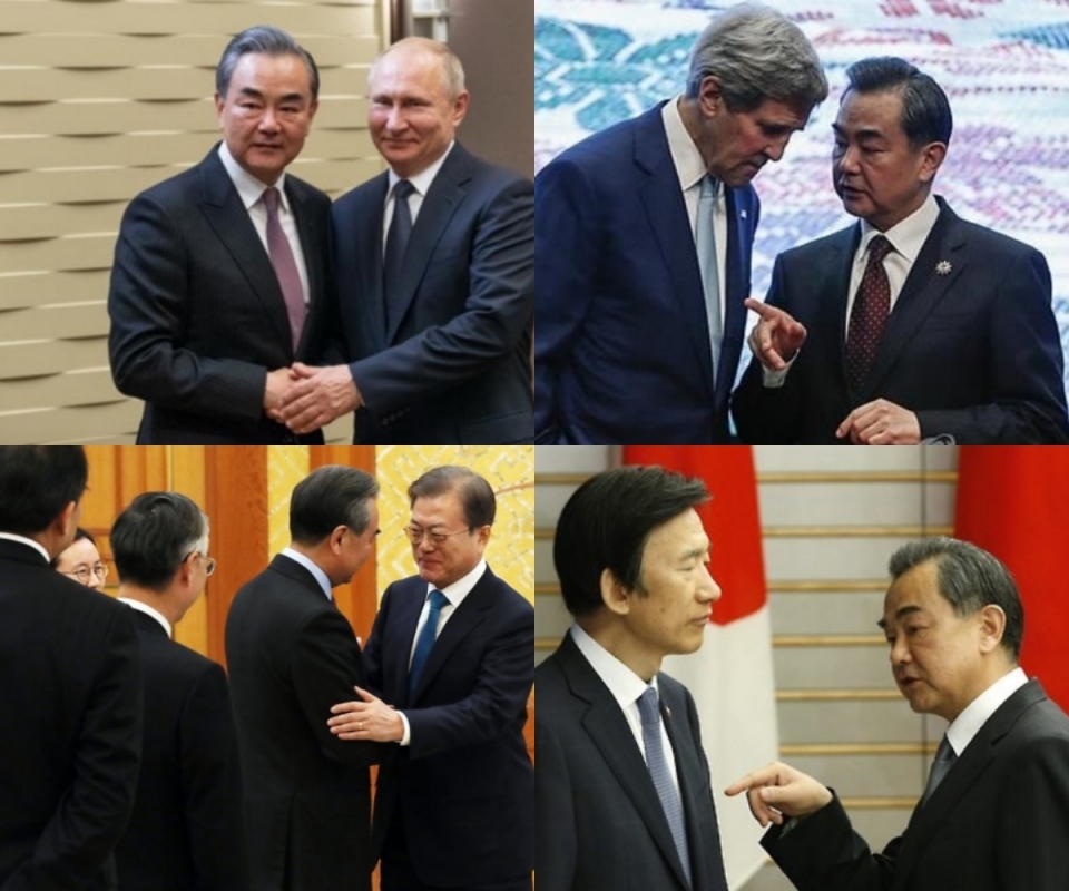 (왼쪽 위부터 시계 방향으로)푸틴 러시아 대통령과 악수하는 왕이 중국 외교부장, 케리 전 미국 국무장관(왼쪽)과 대화하는 왕이 중국 외교부장, 사드 문제로 의견 차이를 보인 윤병세 당시 외교부 장관(왼쪽)과 왕이 외교부장, 문재인 대통령과(오른쪽) 인사하는 왕이 중국 외교부장, / 연합뉴스