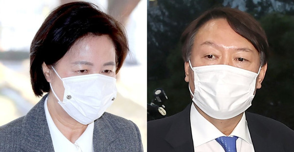 ‘추-윤 전쟁’이 새로운 국면을 맞고 있다. 문재인 대통령은 3일 윤석열 검찰총장에 대한 법무부 징계위원회와 관련해 ‘절차적 정당성과 공정성’을 강조하면서 사태 수습에 직접 나섰다. 전문가들은 이번 추-윤 활극에 본질인 검찰개혁 이슈가 가려졌다고 보고 있다. 추미애 법무부장관과 윤석열 검찰총장 /연합뉴스