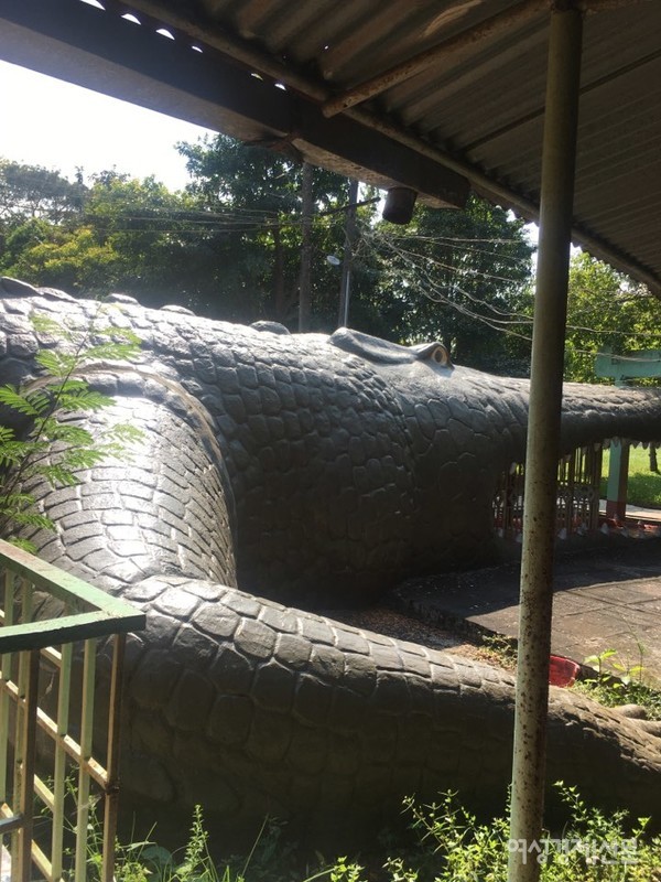 비극적인 사랑의 설화 속에 등장하는 악어 나모이예.  양곤 노스오칼라 메라무 사원 안에 재현되어 있다. 1992년 약 80미터 길이로 제작되었다. 왕자 민난다와 공주 신메이눈의 이루지 못한 사랑. 미얀마 국민들이 모두 아는 슬픈 설화이다. 강을 마주한 두 왕국의 사랑 이야기 속에는 착하고 충성스런 악어를 빼놓을 수 없다. 결국 왕자는 싸우다 지친 악어의 입안에서 죽고만다. 악어는 황혼이 지면 강을 따라 공주에게 데려다주고 새벽이면 다곤으로 돌아와야 했다. /사진=정선교