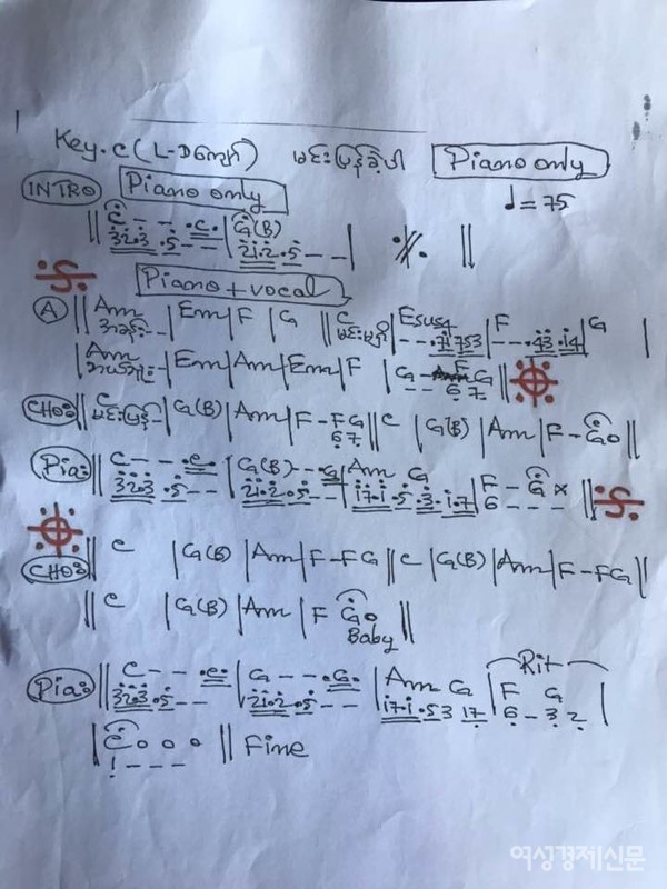 미얀마는 아직도 서양 악보보다 동양 악보를 쓴다. 숫자와 점, 곡선으로 표기된 고유의 악보다. 아래는 기타를 위한 악보. 초중고 교과과정에 예체능이 없어 혼자 공부해야 한다. 