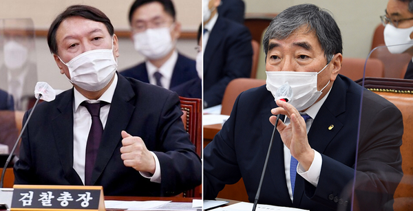 지난해 10월 국회 법제사법위원회와 정무위원회 국정감사에 각각 출석한 윤석열 전 검찰총장(왼쪽)과 윤석헌 전 금융감독원장