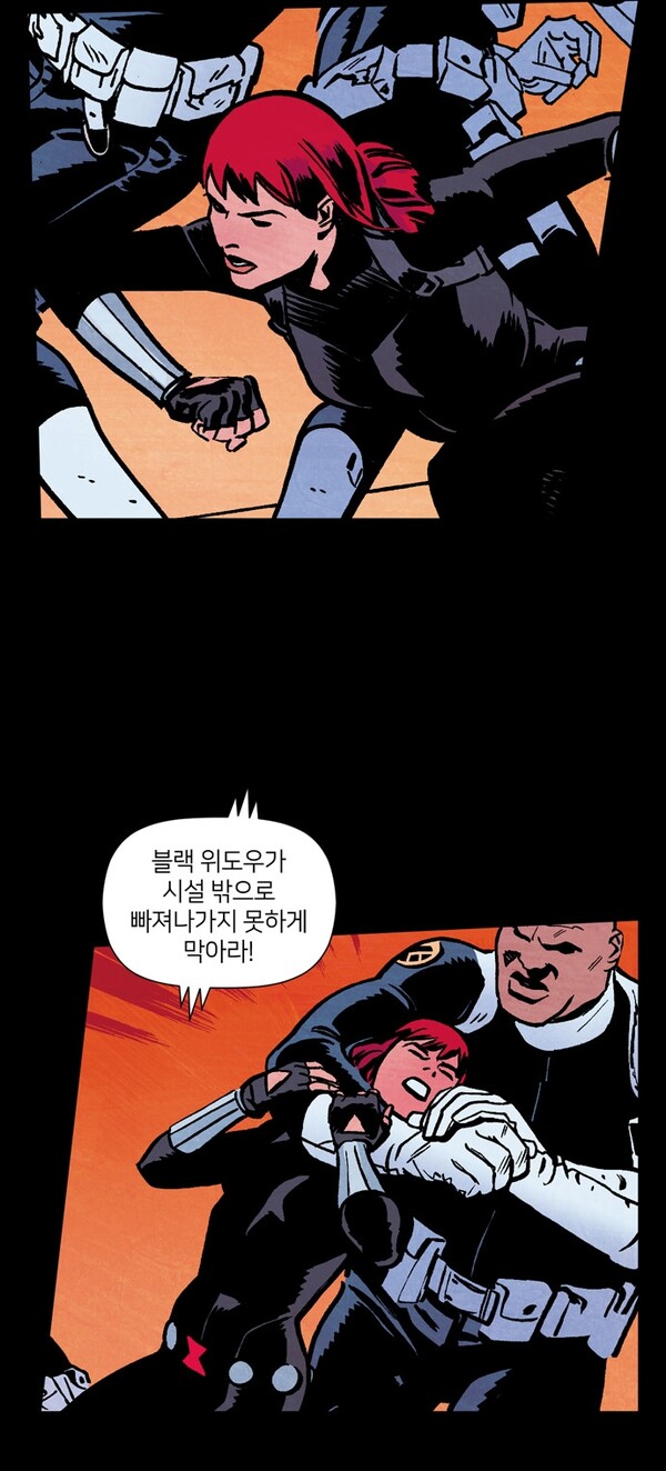 네이버웹툰으로 연재되는 ‘블랙 위도우’는 웹툰에 맞게 컷신 등을 재구성해 세로형으로 재창조했다. 가독성이 대폭 향상됐다. /시공사