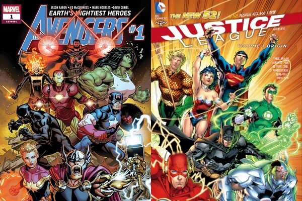 아이언맨, 캡틴 아메리카 등 ‘어벤져스’(왼쪽) 시리즈로 대표되는 마블코믹스와 배트맨, 슈퍼맨 등 ‘저스티스 리그’(오른쪽)로 대표되는 DC코믹스가 네이버웹툰에 합류했다. 이로써 네이버웹툰은 글로벌 히어로 코믹스를 양분하고 있는 마블-DC 양사 IP를 확보하게 됐다. /마블코믹스, DC코믹스