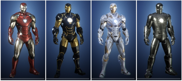 ‘마블 퓨처 레볼루션’은 4억개의 조합이 가능한 코스튬 커스터마이징을 지원한다. 파츠별로도 믹스 앤 매치가 가능하며, 코스튬 효과를 얻기 위해 억지로 해당 코스튬을 이용해야 하는 강제성 등을 빼 커스터마이징의 자유도를 높였다. 왼쪽부터 어벤져스: 엔드게임, 모던, 뉴 스타크 시티, 마크-1 콘셉트로 구성한 아이언맨 코스튬. /넷마블