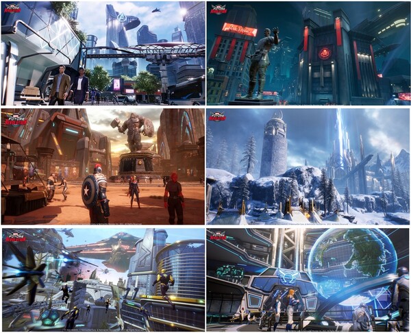 ‘마블 퓨처 레볼루션’은 탄탄한 오리지널 스토리 안에 다양한 세계를 구축했다. 왼쪽 위부터 시계방향으로 ‘뉴 스타크 시티’, ‘하이드라 제국’, ‘미드가르디아’, ‘오메가플라이트 본부’, ‘잔더스’, ‘사카아르’. /넷마블