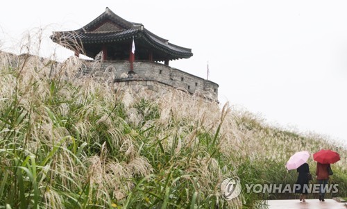가을비가 내린 경기도 수원시 세계문화유산 화성을 찾은 시민이 서북각루 앞 억새밭 주변을 걷고 있다./ 연합뉴스