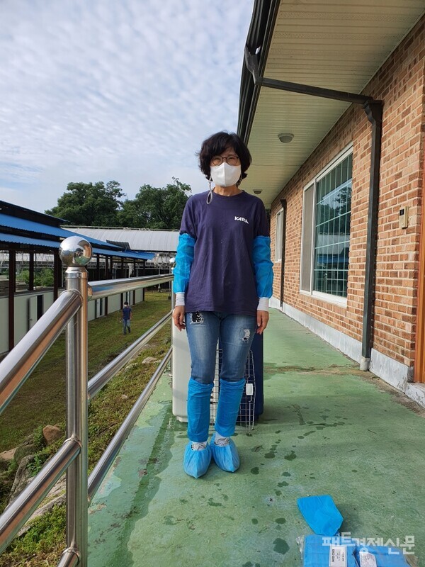 도살장 구조견 위탁장 방역 중인 전진경 대표./전진경 대표 제공
