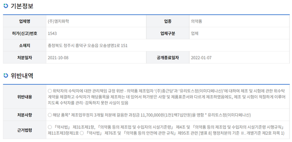엘지화학의 의약품 안전 위반 내역./의약품안전나라