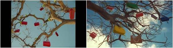 프라다(왼쪽) 광고와 발란(오른쪽) 광고 영상 속 가방이 나무에 걸려있는 장면 /'Prada' 유튜브 채널, '발란' 유튜브 채널