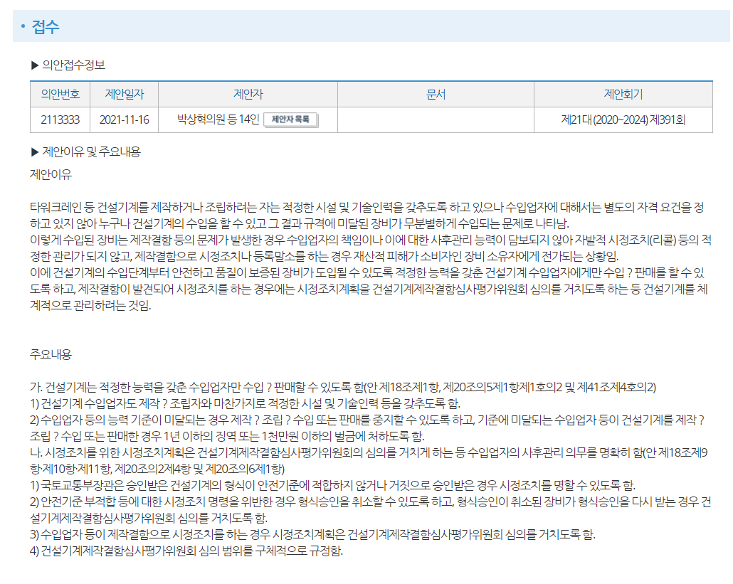 수입된 허위연식 크레인이 건설현장 안전을 위협하던 현 실태에 근거해 박상혁 의원 등 14인이 건설기계관리법 일부 개정 법률안을 발의했다./ 국회 의안정보시스템