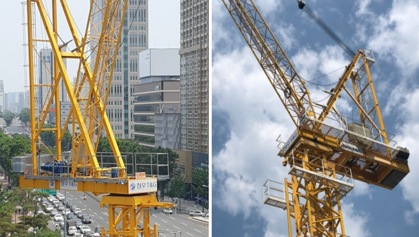 타워크레인 구조변경 예시, 하판(카운터집)이 절단돼 균형이 위태해진 모습을 확인할 수 있다./ 네이버 블로그