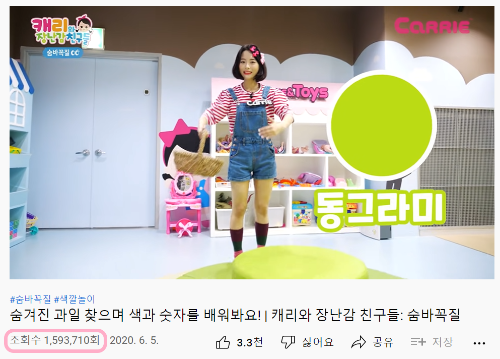 '캐리'는 첫 숨바꼭질 영상에서 150만 조회수를 넘어섰다./ '캐리TV 장난감친구들' 유튜브 채널