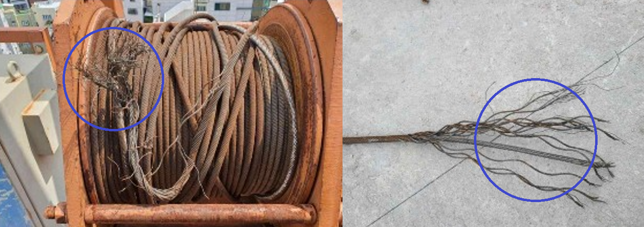 와이어로프를 보면 녹이 심하게 슨 데다 지속적으로 무거운 하중을 받아 육안으로 봐도 와이어가 벌어진 게 확인될 정도였다./ 대한건설기계안전관리원 사고 보고서