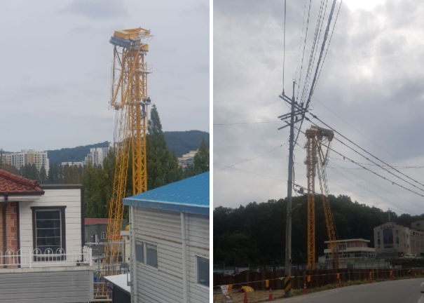 2019년 경북 안동시 아파트 건축 현장에서 일어난 타워크레인 사고로 타워 상부가 180도 뒤집힌 채 반으로 접혀 지브 끝이 땅에 닿았다./ '영원한 자유인' 네이버 블로그