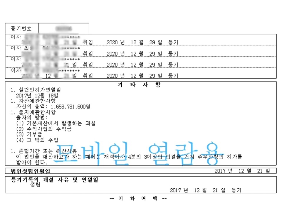 연민복지재단 등기부등본에 일광종 도안스님 최씨가 이사로 등재돼 있다. /사진=팩트경제신문