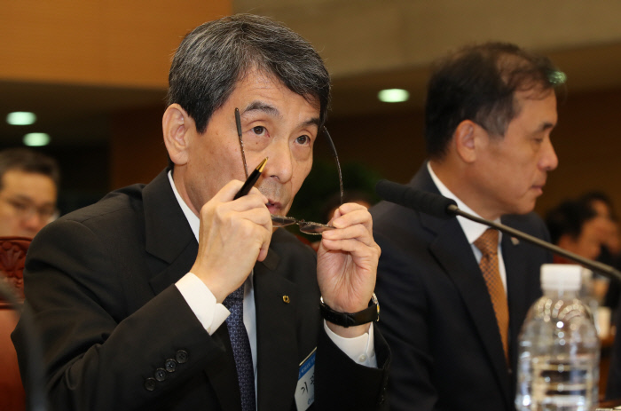 이동걸 KDB산업은행 회장이 국회 정무위원회 국정감사에서 안경을 고쳐쓰고 있다. /연합뉴스