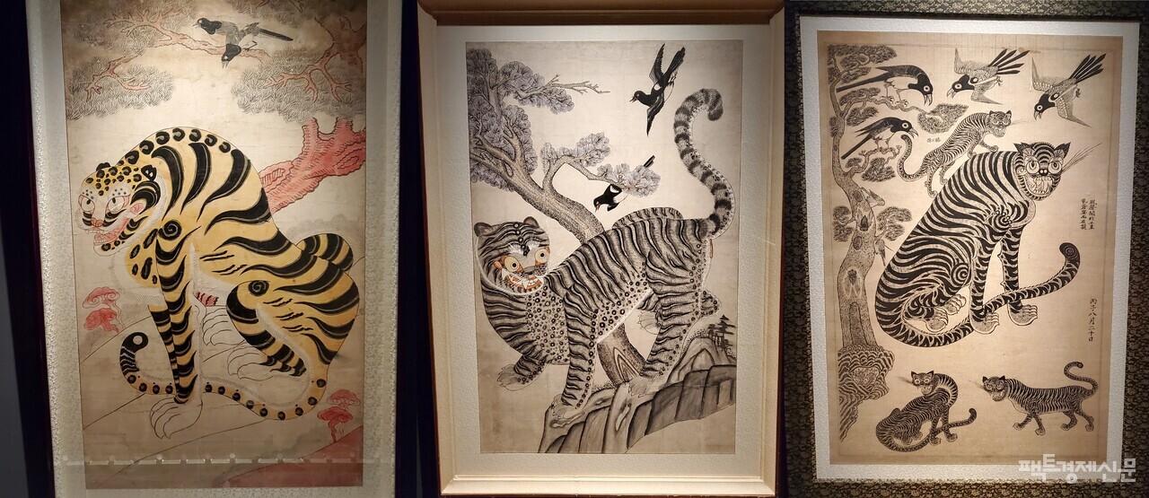 이건희 컬렉션 주 수집 작품은 조선 후기 호랑이 민화 명품선이다. 이건희 컬렉션 속 익살스런 모습의 호랑이 민화./ 이호준 기자