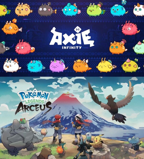 'P2E계의 포켓몬 게임'이라 불리는 엑시인피니티(위쪽)는 원조 포켓몬 게임(아래쪽)보다 한참 부족한 완성도가 느껴졌다. /엑시인피니티, 포켓몬컴퍼니