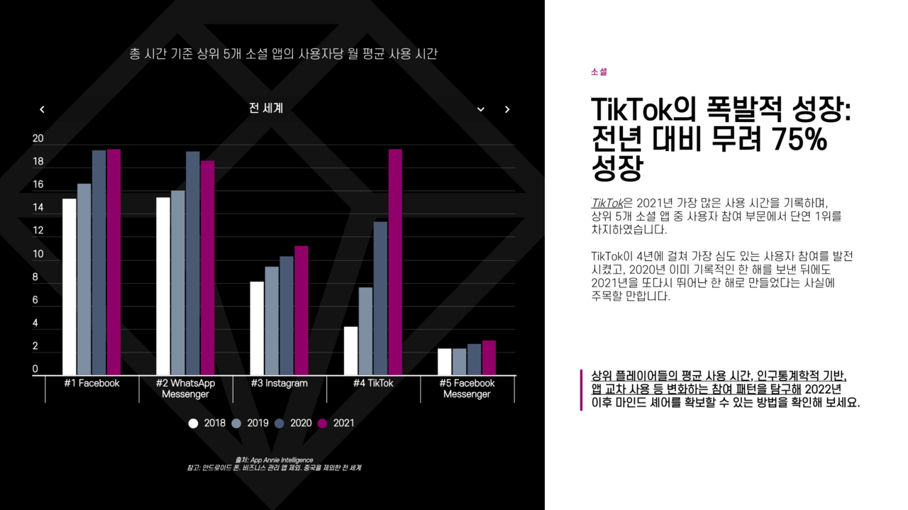 메타 계열 소셜네트워크 플랫폼 대비 틱톡은 2021년 전년 대비 75% 이상 성장했다. /앱 애니(APP ANNIE)