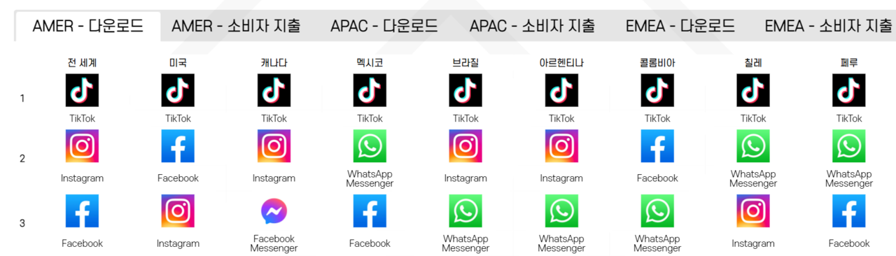 아메리카 대륙권 내에서 틱톡은 △미국 △멕시코 △브라질 등을 포함한 8개국에서 다운로드 1위를 달성했다./ 앱 애니(APP ANNIE)