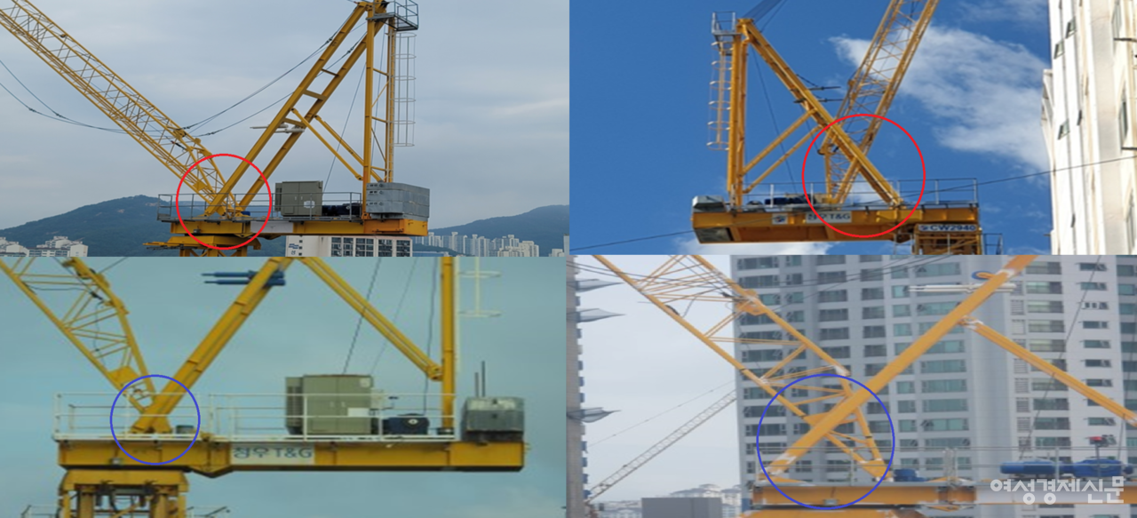 청우T&G 타워의 사진을 보면 타워 상부 모양이 제각각이다. / 한국타워크레인조종사노동조합
