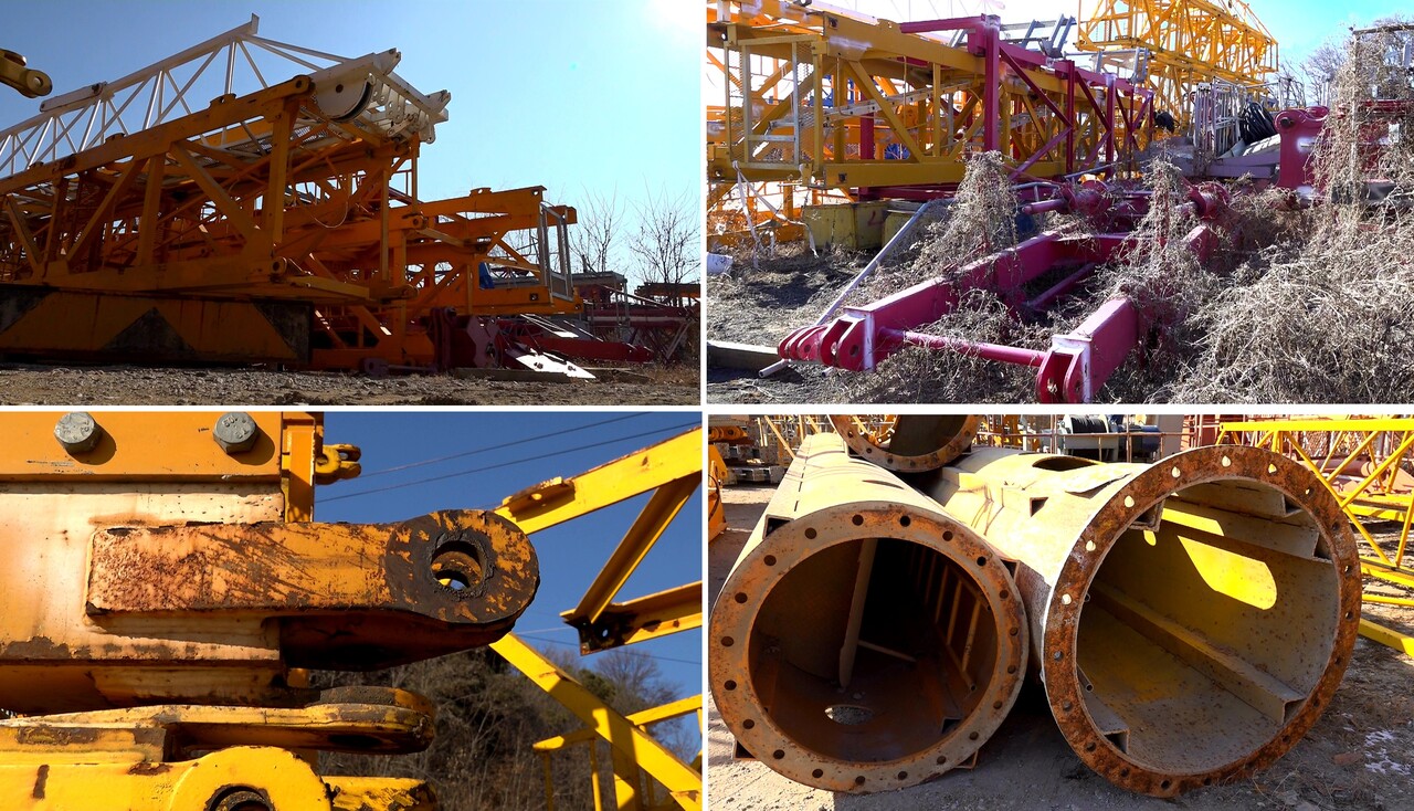 경기도 파주시 파주읍 야적장에서 재조립을 기다리는 소형 타워크레인 장비들. 불법개조 크레인 CCTL140 시리즈뿐 아니라 녹이 슬고 파손된 장비가 다수를 차지한다. /이상헌 기자