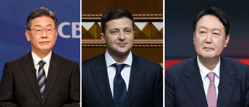 왼쪽부터 이재명 더불어민주당 대선후보, 볼로디미르 젤렌스키 우크라이나 대통령, 윤석열 국민의힘 대선후보. /연합뉴스