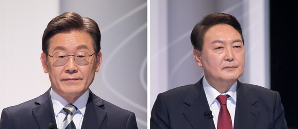 25일 중앙선거관리위원회 주관 제20대 대통령선거 후보자 방송토론회에 참석한 더불어민주당 이재명 대선후보(사진 왼쪽)와 국민의힘 윤석열 대선후보. /국회사진기자단=연합뉴스