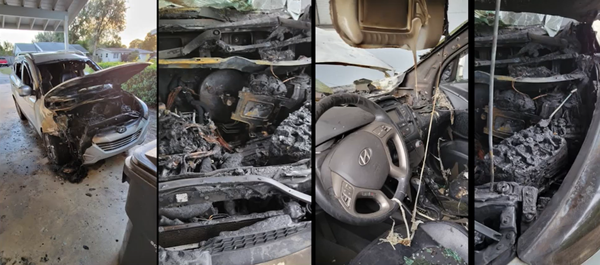 미국 플로리다주 티투스빌에 거주하는 수잔 쉐러 씨의 화재로 불탄 현대자동차 '투싼'. / 독자 제공