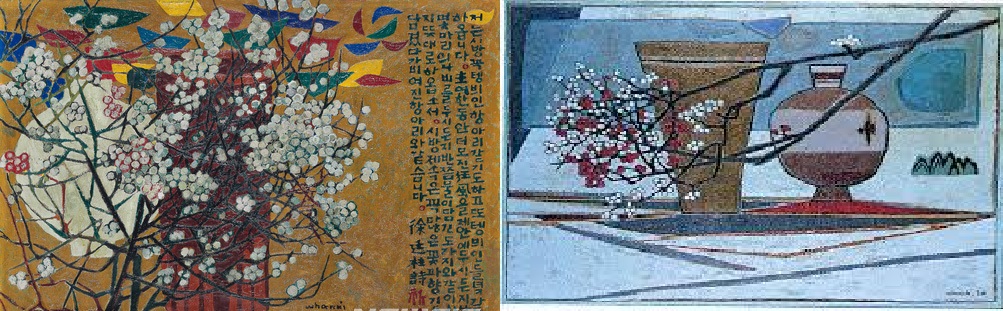 김환기 1950년대 작품 '항아리와 시(왼쪽)'. 오른쪽은 '꽃과 항아리'/ 서울옥션