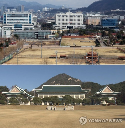 윤석열 대통령 당선인이 20일 대통령실의 용산 이전을 공식화하면서 70년 넘게 권력의 정점 바로 옆에서 그 명멸을 지켜봐 온 청와대도 역사 속으로 사라지게 됐다. 사진은 20일 대통령 집무실로 사용될 용산 국방부 청사(윗 사진) 모습과 청와대 자료 사진. /연합뉴스