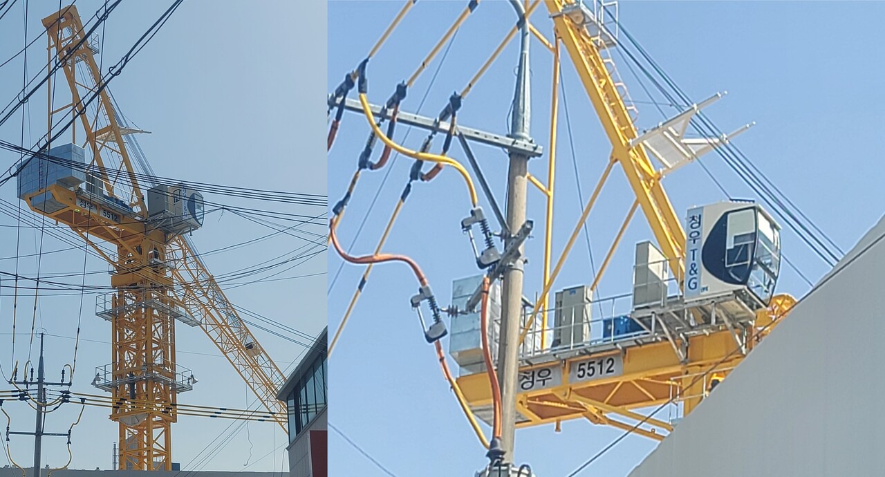 30일 오전 10시 경 대구광역시 중구 동인동 3가 228번지 '대구 동인시영 LH참여형 가로주택 정비사업' 현장에 설치된 청우T&G사 5512 대형 타워크레인 붐대가 꺾이는 사고가 발생했다./ 독자 제공