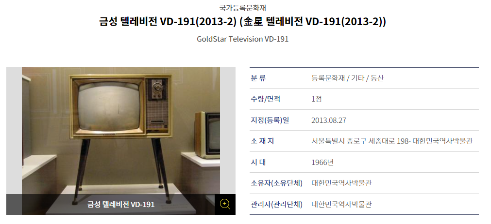 금성사 'VD-191'은 한국 최초 19인치 흑백 텔레비전으로 2013년 국가등록문화재에 지정됐다. /문화재청