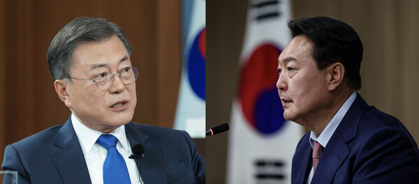 정권 교체기 신구 권력의 볼썽사나운 '드잡이질'은 국민들에게 절망감을 안겨주고 있다. (왼쪽부터) 문재인 대통령과 윤석열 대통령 당선인 /연합뉴스