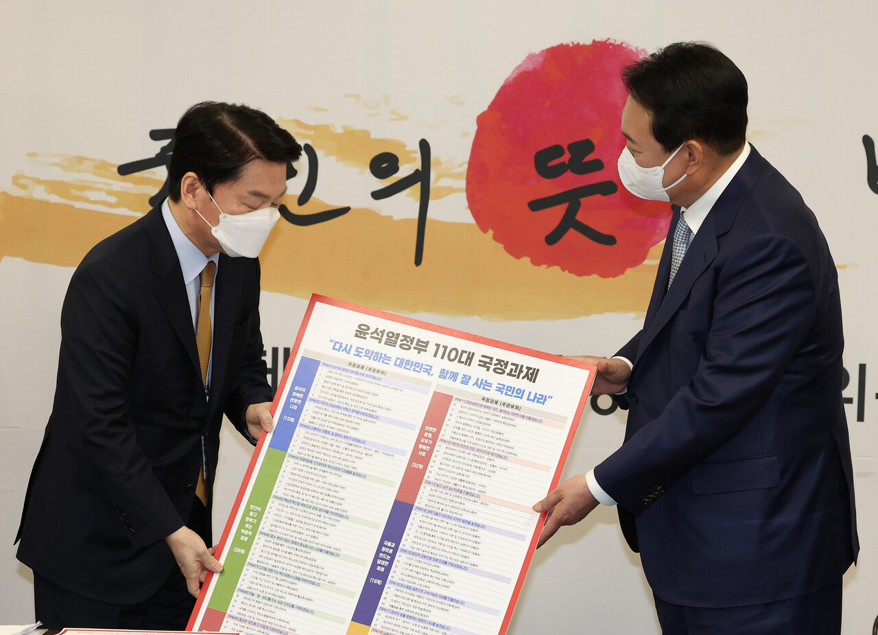 윤석열 20대 대통령 당선인이 3일 오전 서울 종로구 삼청동 대통령직인수위원회에서 열린 전체 회의에서 안철수 인수위원장으로부터 인수위가 준비한 110대 국정과제를 전달받고 있다. /연합뉴스