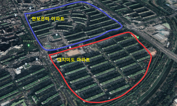 바로 이웃에 위치한 대치동 은마아파트와 미도아파트. /구글어스